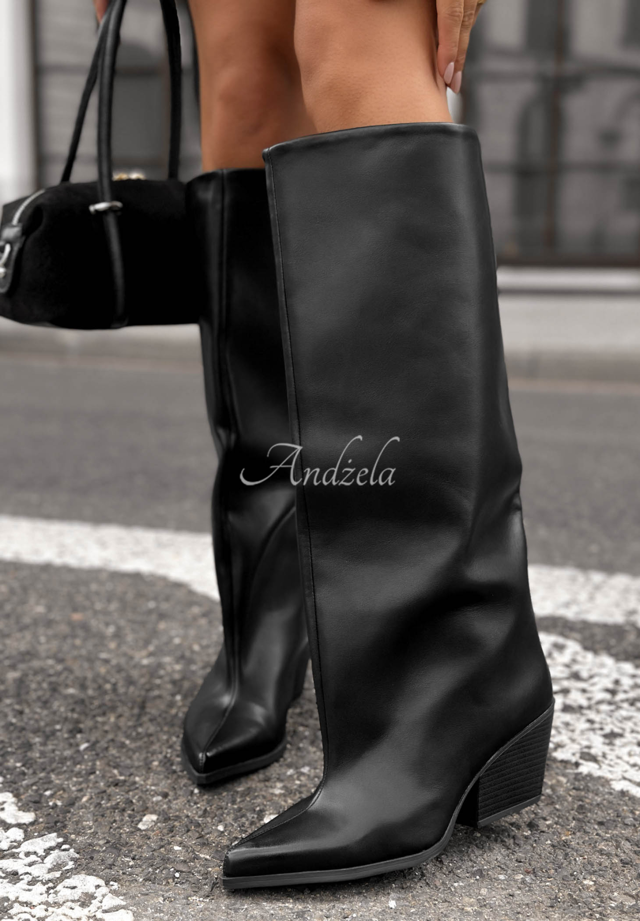 Lange Lederstiefel mit Blockabsatz City Crowds Schwarz