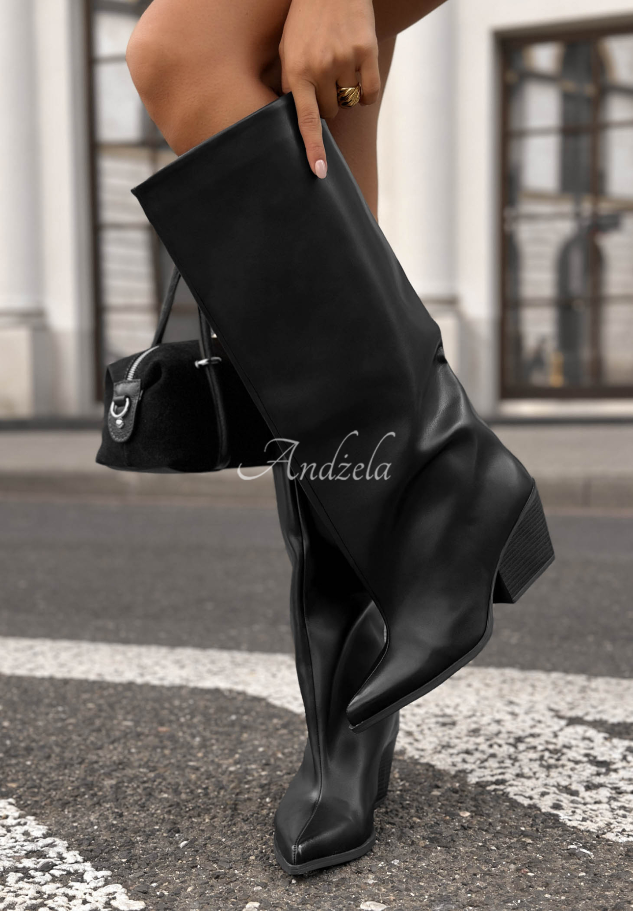 Lange Lederstiefel mit Blockabsatz City Crowds Schwarz