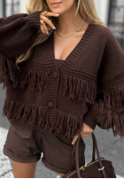 Krótki rozpinany Cardigan z frędzlami Feels Cozy Schokoladenbraun