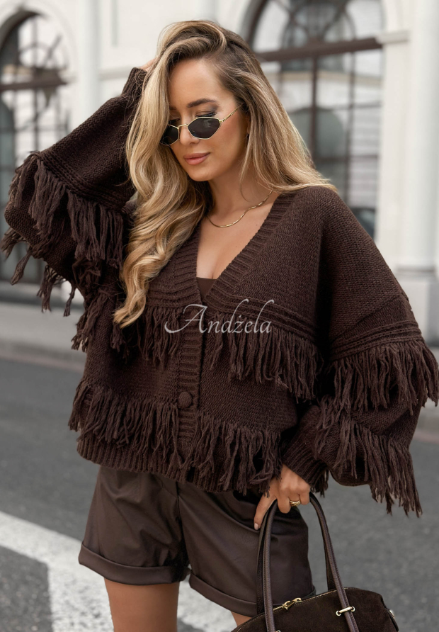 Kurze Strickjacke mit Knopfleiste aus Viskose mit Fransen Feels Cozy Schokoladenbraun