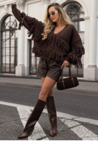 Krótki rozpinany Cardigan z frędzlami Feels Cozy Schokoladenbraun