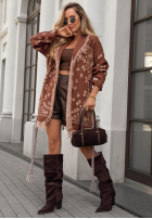 Długi Cardigan oversize z frędzlami Mit Muster Autumn Goddess Schokoladenbraun
