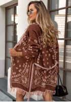 Długi Cardigan oversize z frędzlami Mit Muster Autumn Goddess Schokoladenbraun