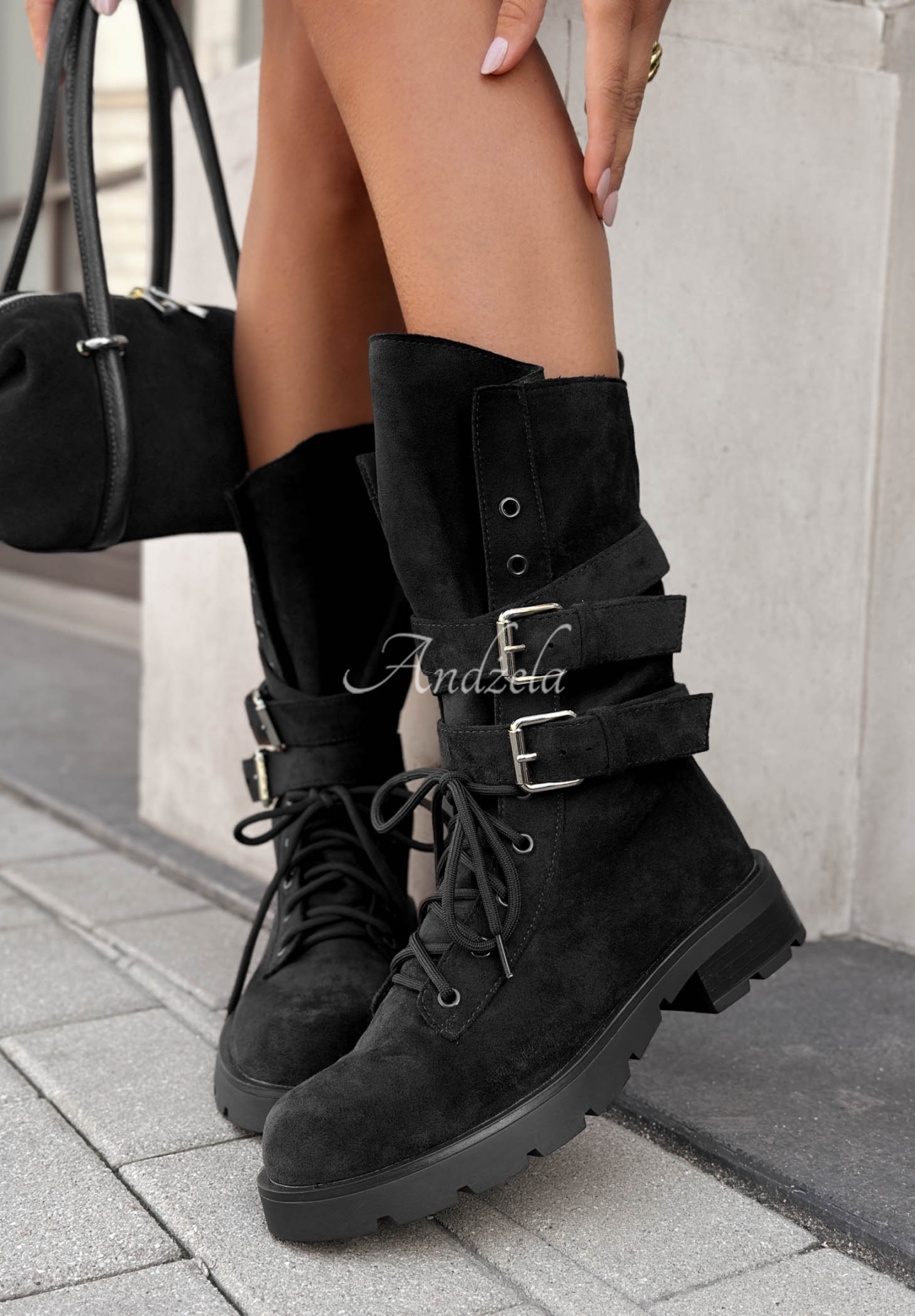 Worker-Stiefeletten aus Wildlederimitat mit Schnallen Modern Walk Schwarz