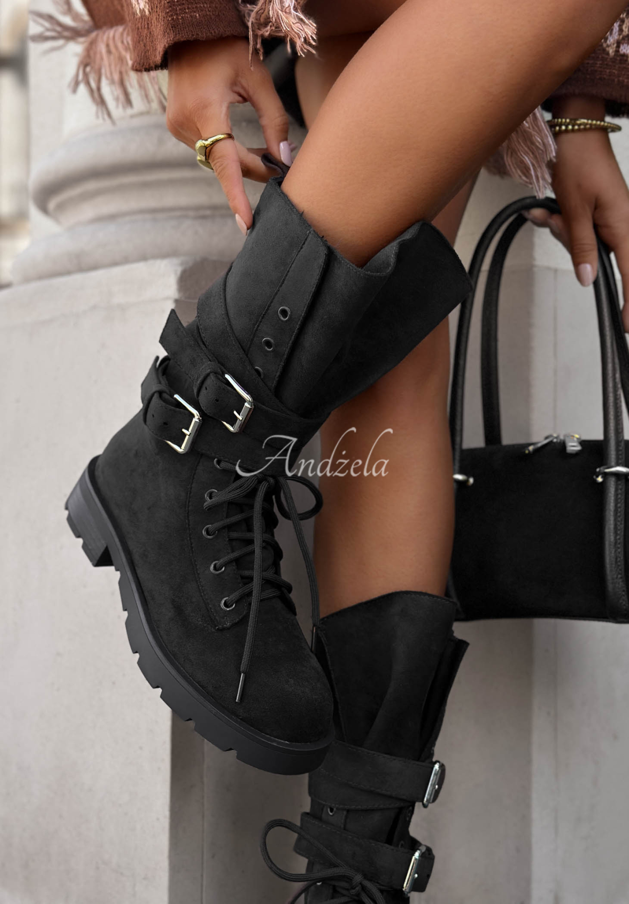 Worker-Stiefeletten aus Wildlederimitat mit Schnallen Modern Walk Schwarz