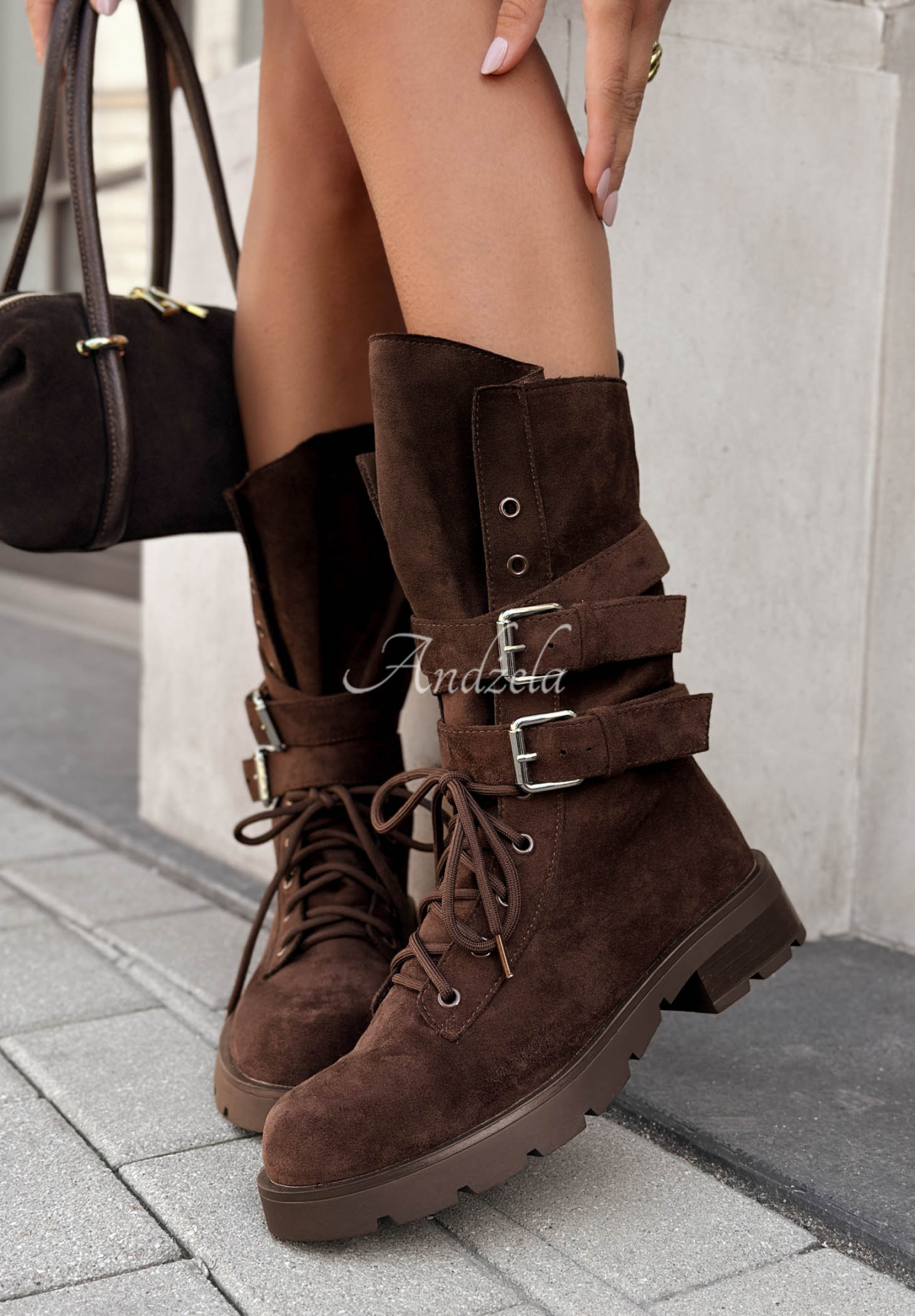 Worker-Stiefeletten aus Wildlederimitat mit Schnallen Modern Walk Schokoladenbraun