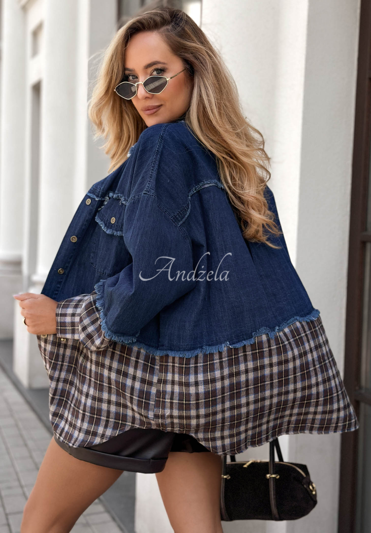 Denimhemd mit kariertem Saum Gentle Fog blau-schokoladenbraun