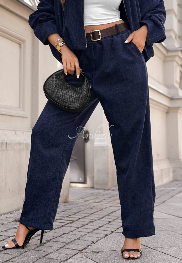 Wide Leg Hose mit G&uuml;rtel Grey Skies Dunkelblau