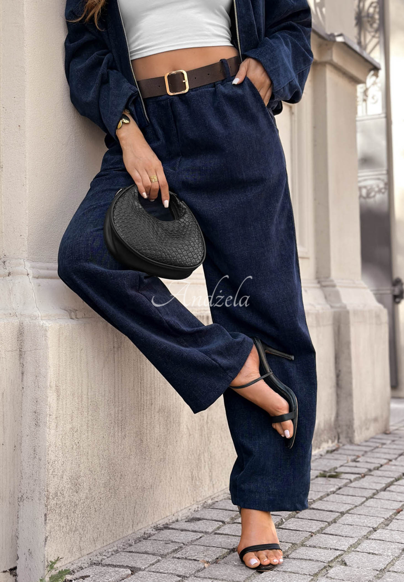 Wide Leg Hose mit Gürtel Grey Skies Dunkelblau