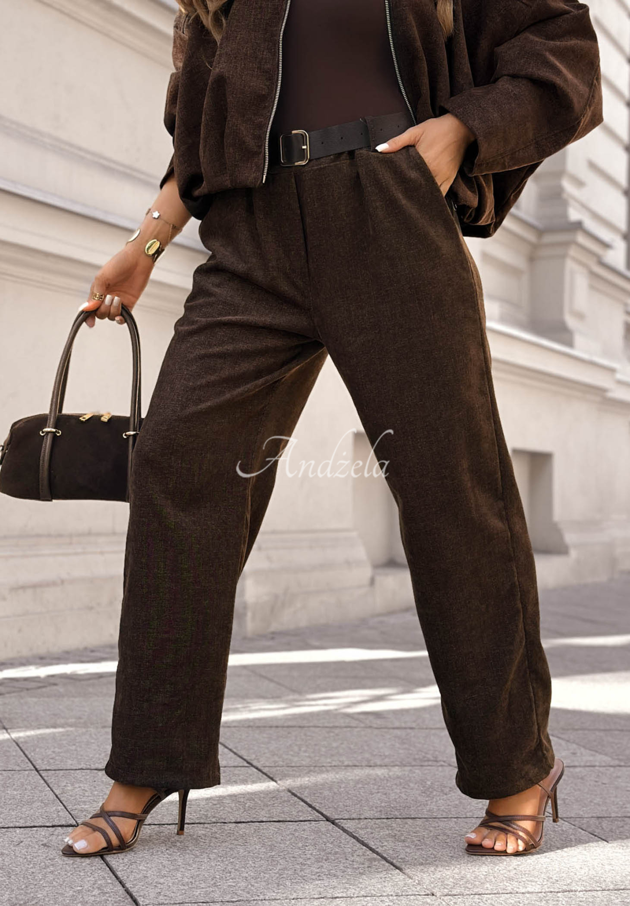 Wide Leg Hose mit Gürtel Grey Skies Schokoladenbraun