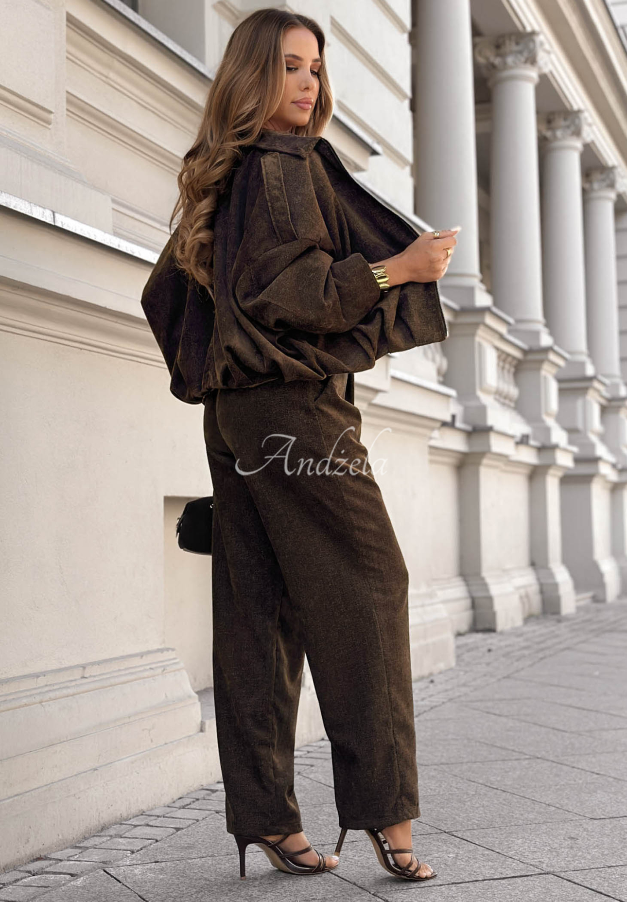 Wide Leg Hose mit Gürtel Grey Skies Schokoladenbraun