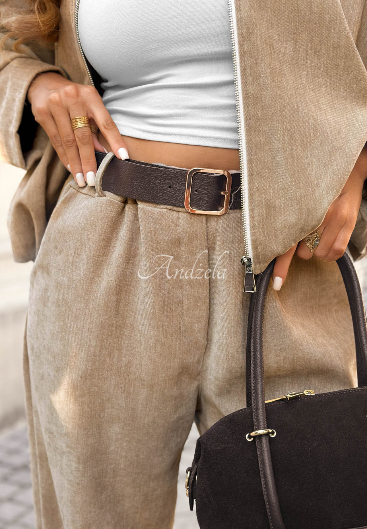 Wide Leg Hose mit Gürtel Grey Skies Beige