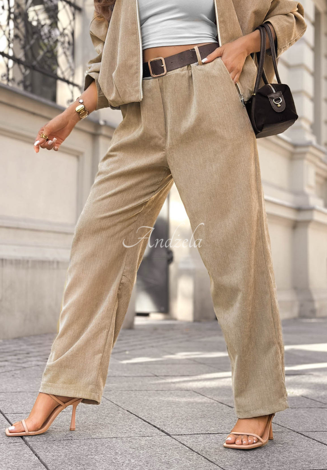 Wide Leg Hose mit Gürtel Grey Skies Beige