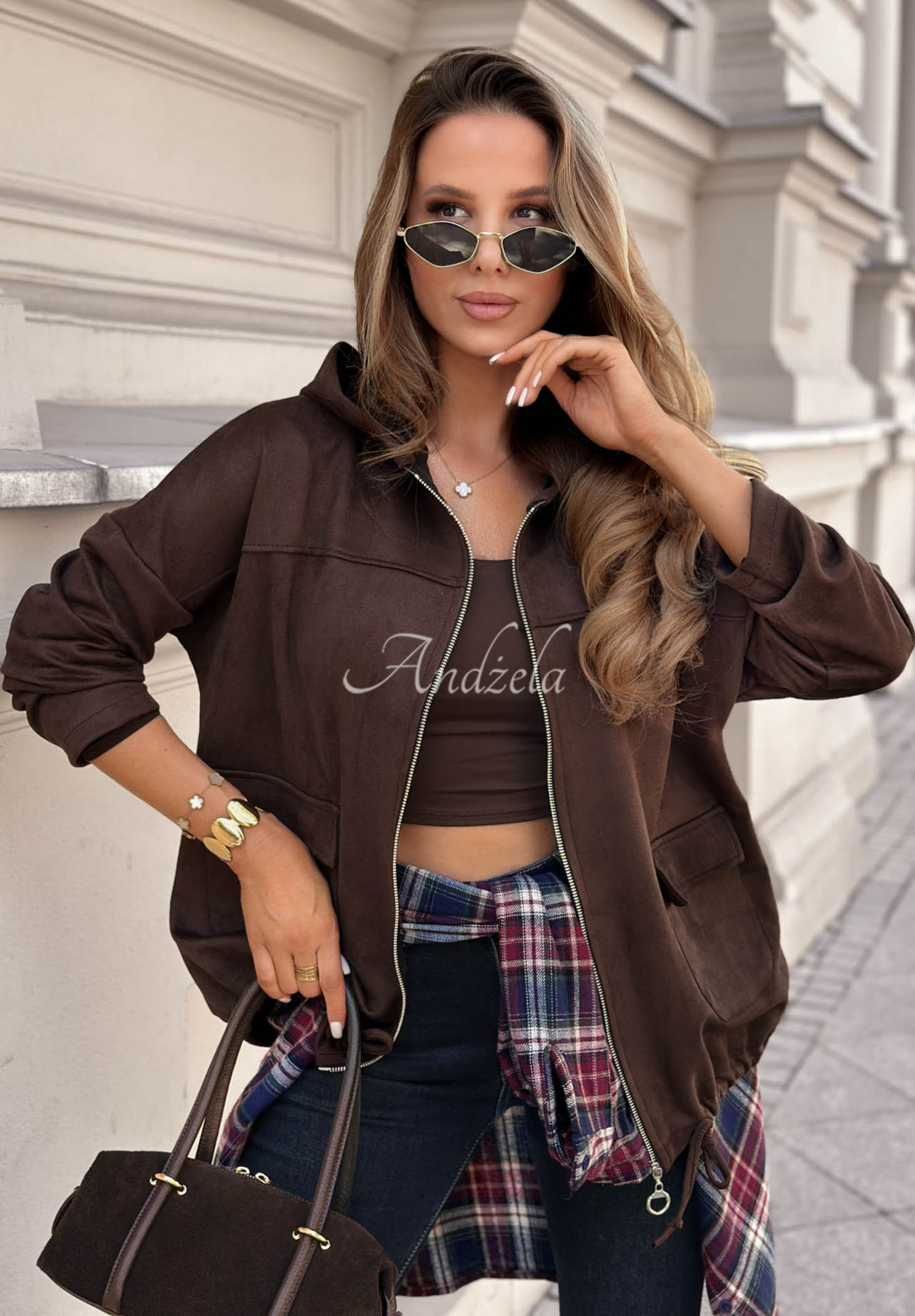 Wildlederjacke mit Taschen Honey Latte Schokoladenbraun