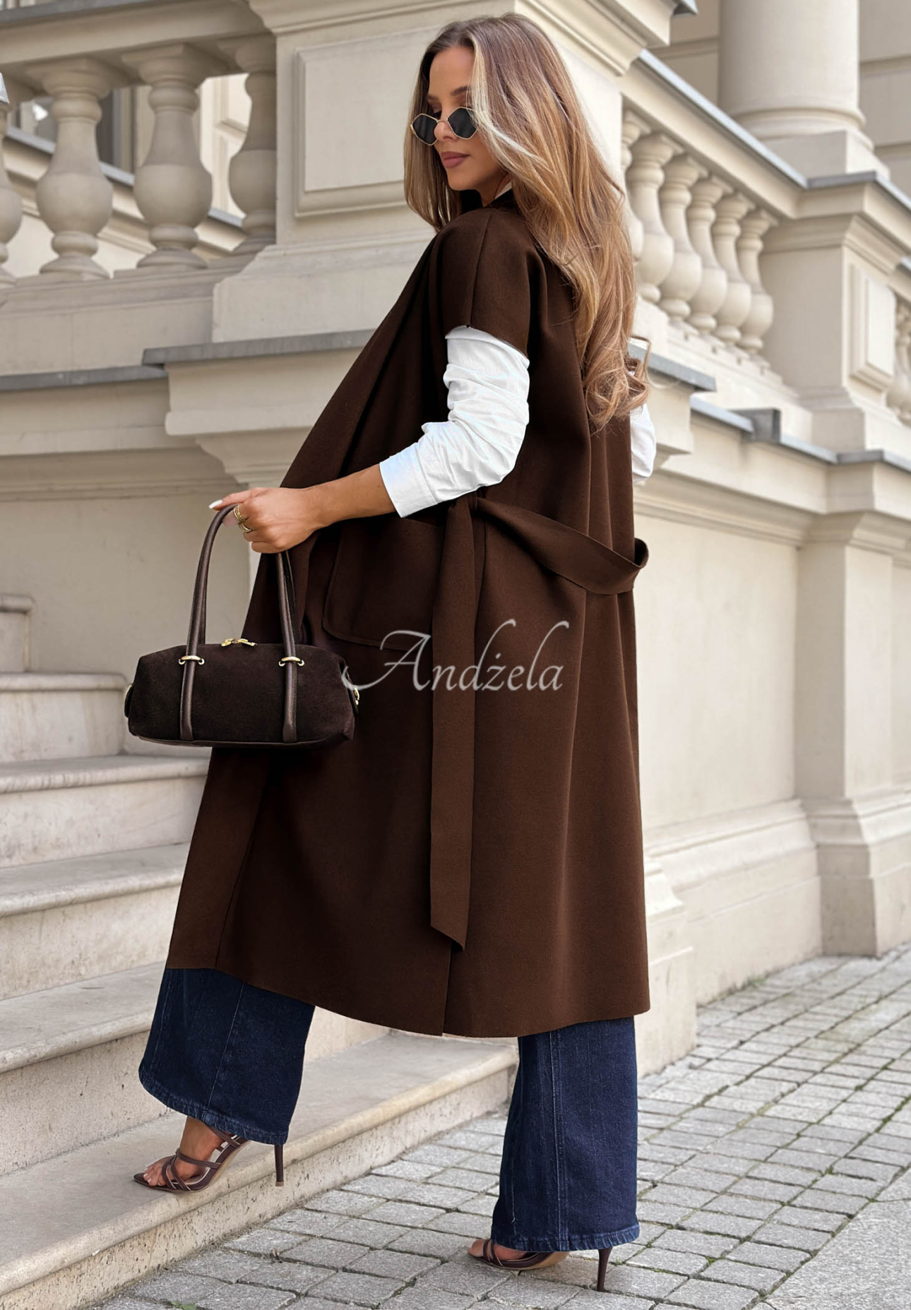 Langer, eleganter Poncho mit Gürtel Espresso Date Schokoladenbraun