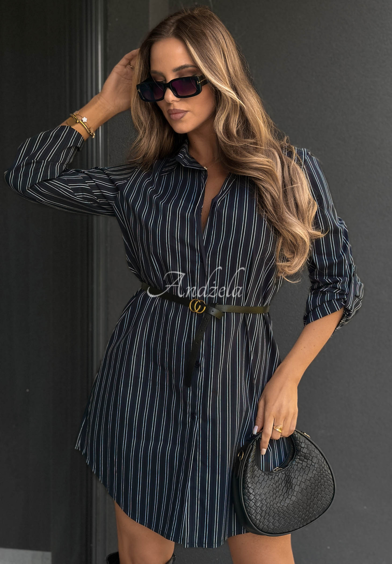 Gestreiftes Baumwollkleid im Hemdstil mit Gürtel Warm Elegance Dunkelblau
