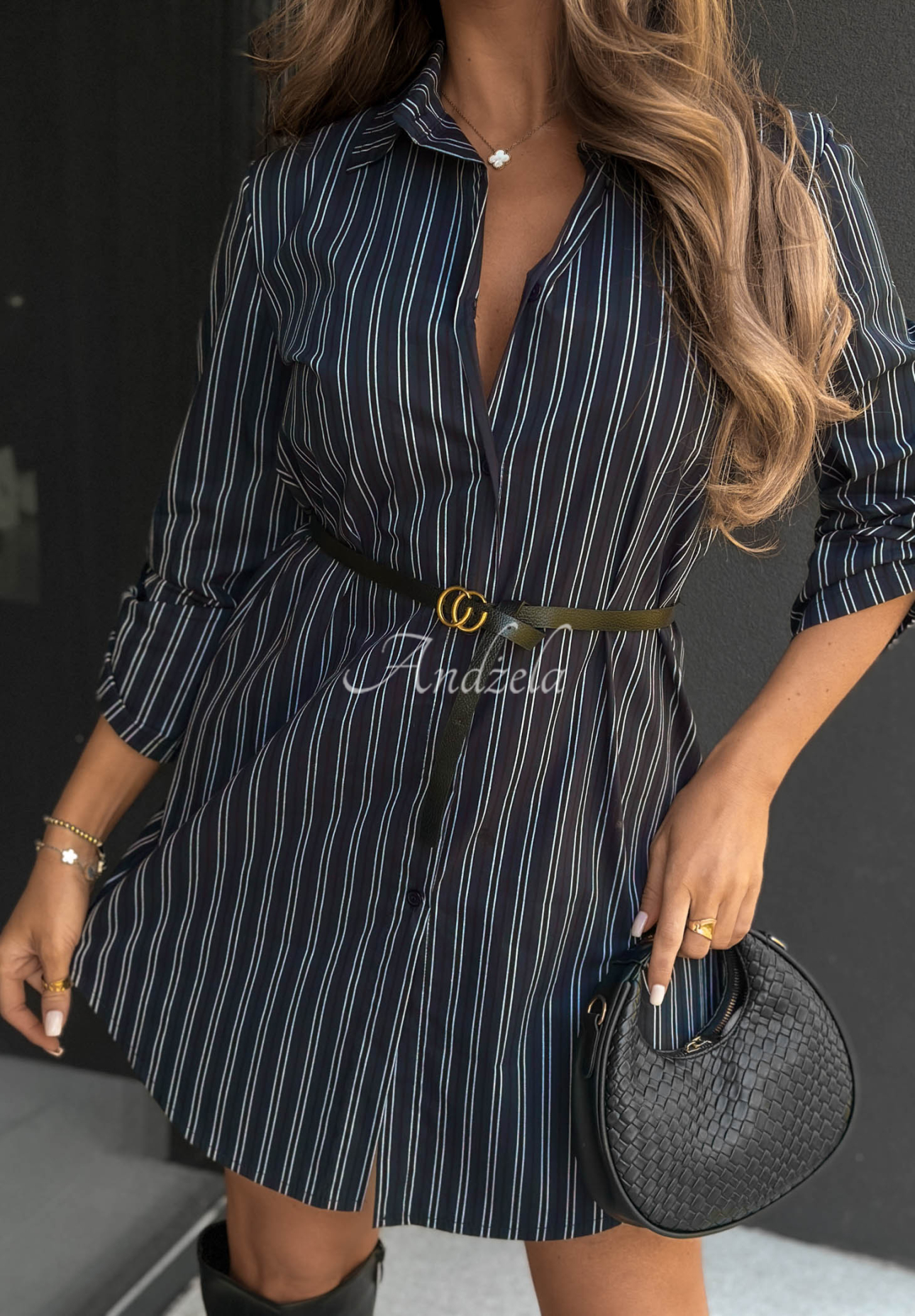 Gestreiftes Baumwollkleid im Hemdstil mit Gürtel Warm Elegance Dunkelblau