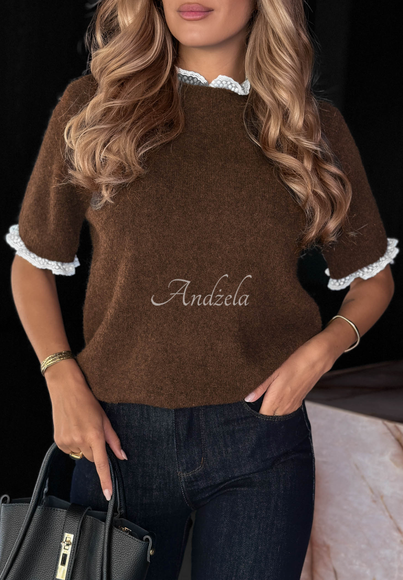 Kurzärmeliger Pullover mit Spitzeneinsätzen Always Ready Schokoladenbraun
