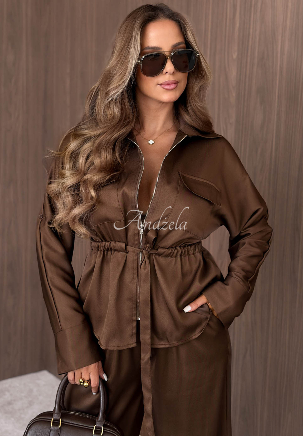 Set Leichte Jacke mit Verschluss und Wide-Leg-Hose Autumn Pearl Schokoladenbraun