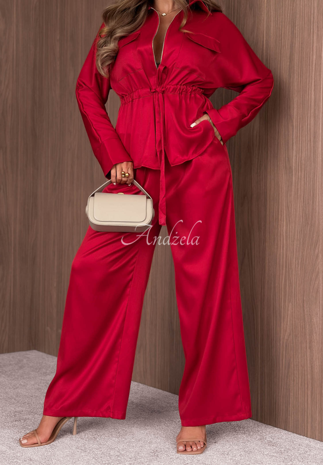 Set Leichte Jacke mit Verschluss und Wide-Leg-Hose Autumn Pearl Rot