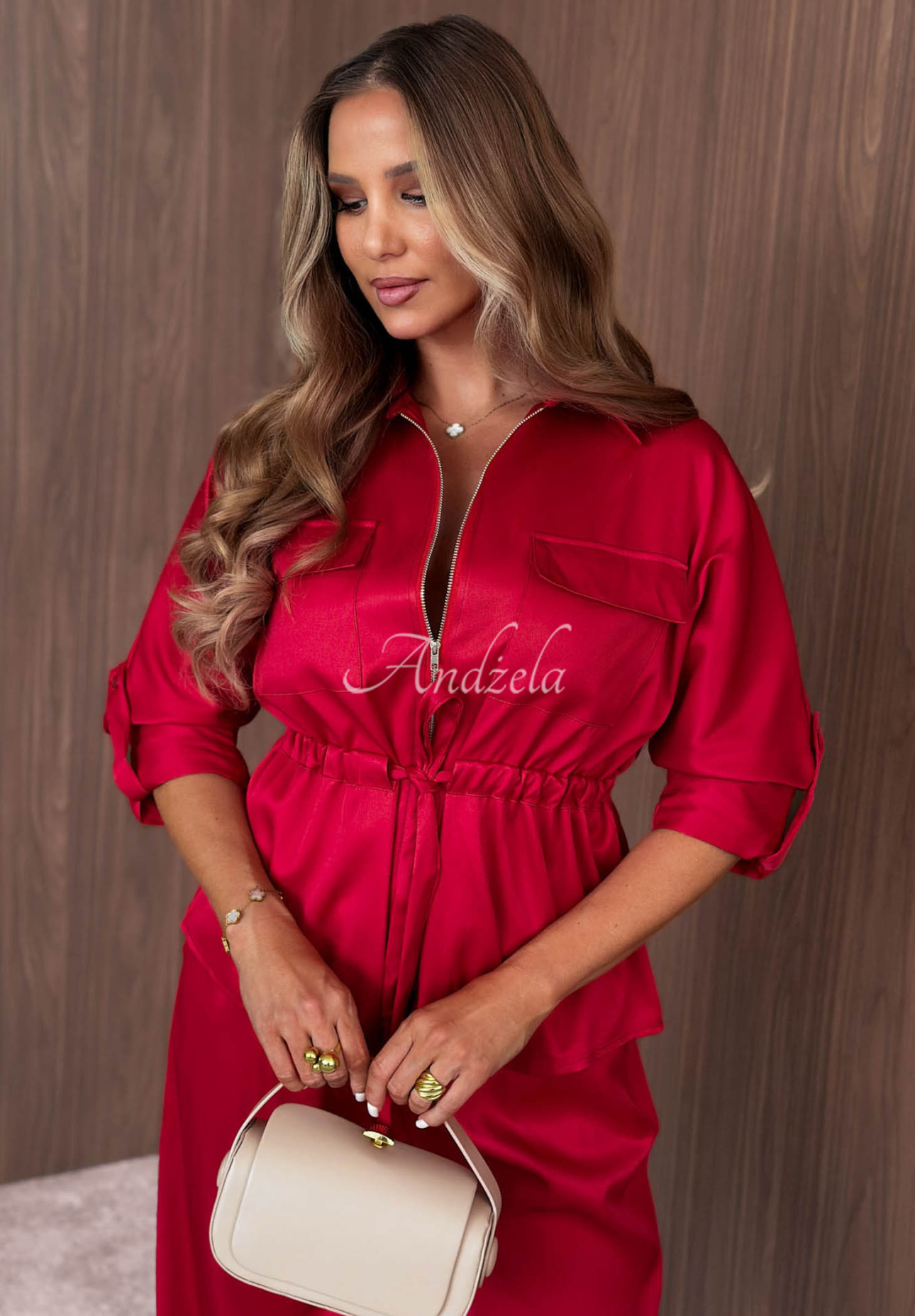 Set Leichte Jacke mit Verschluss und Wide-Leg-Hose Autumn Pearl Rot
