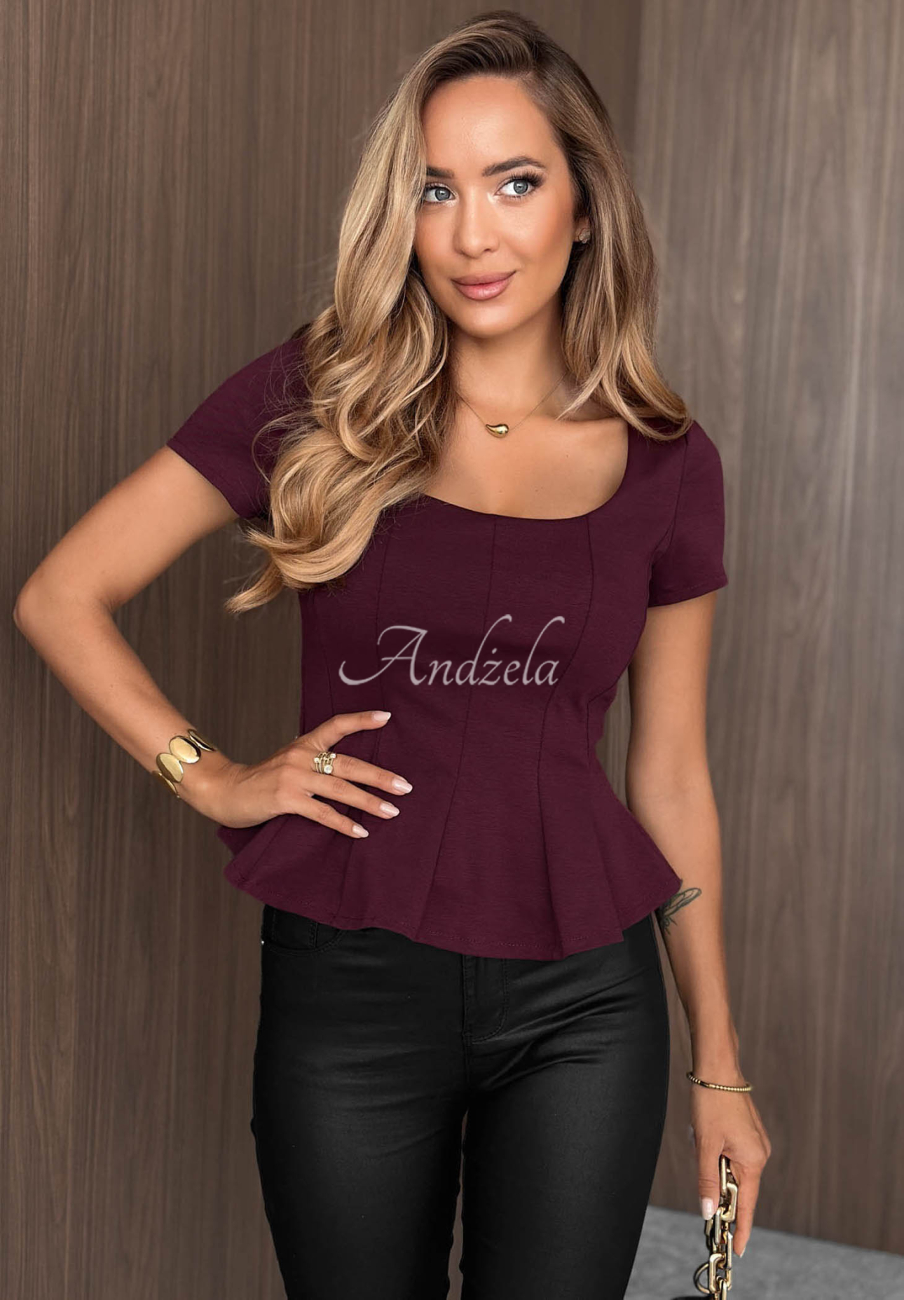 Peplumbluse mit quadratischem Ausschnitt Autumn Kiss Pflaumenfarben