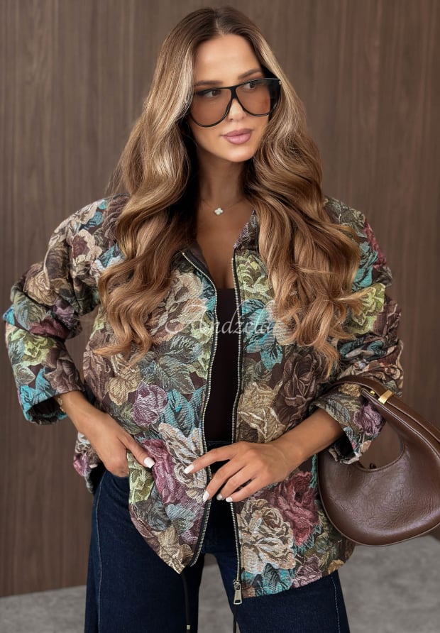 Gesteppte Kapuzenjacke mit Blumenmuster Golden Trees Schokoladenbraun