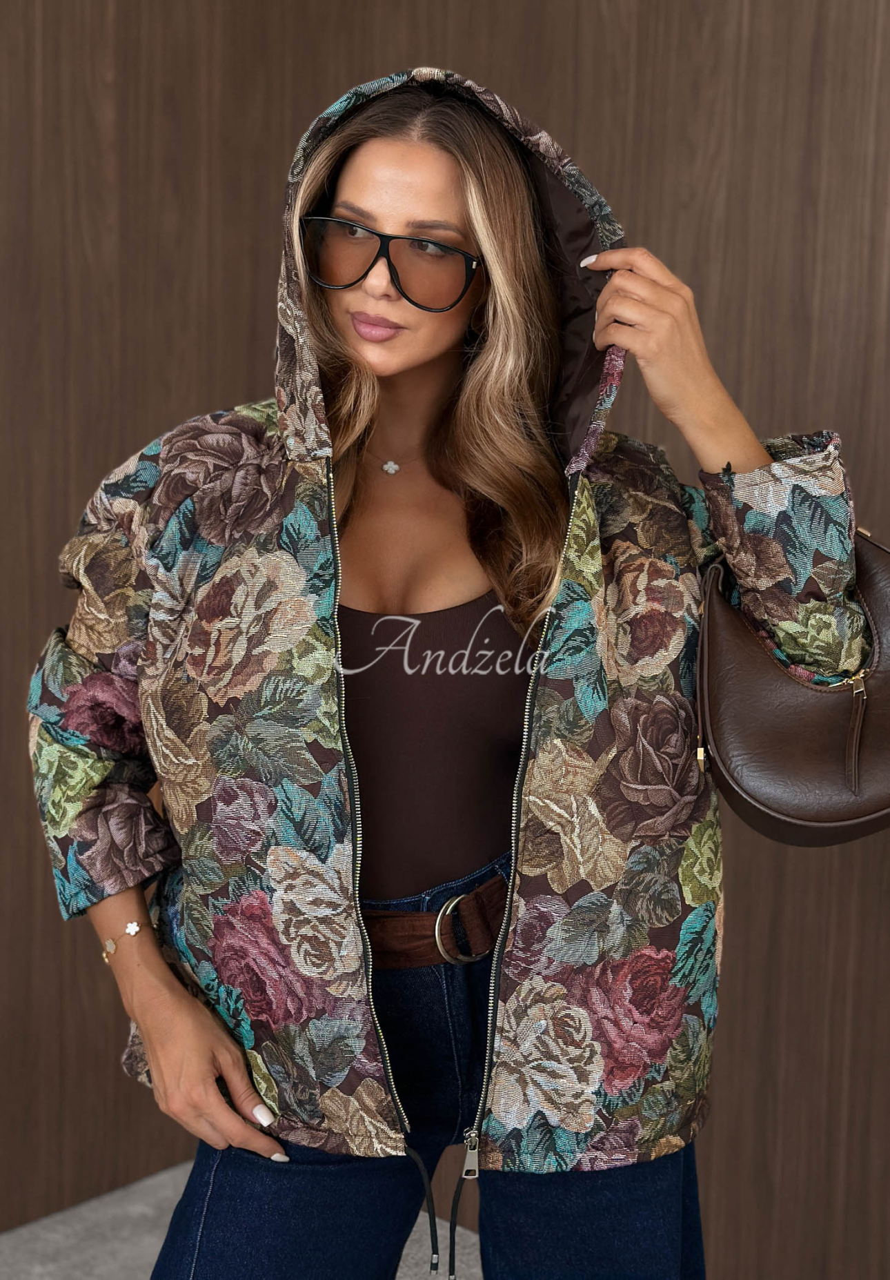 Gesteppte Kapuzenjacke mit Blumenmuster Golden Trees Schokoladenbraun