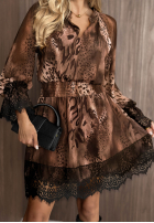 Kleid w panterkę z koronkowymi wstawkami Amber Leopard brązowo-Schwarz