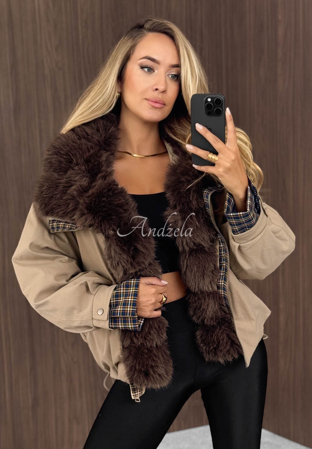 Kurze Jacke mit Kunstfell Amber Charm Beige