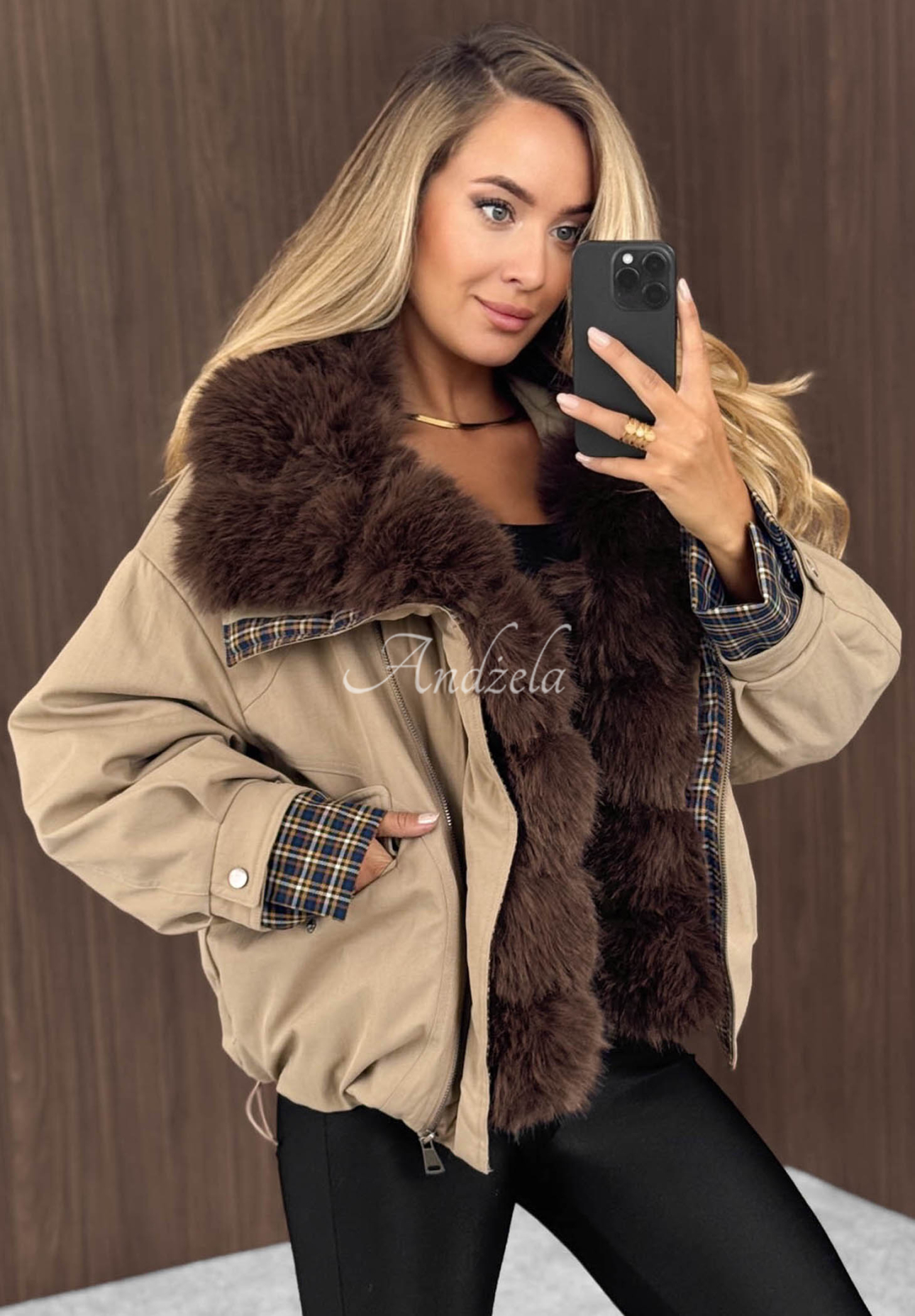 Kurze Jacke mit Kunstfell Amber Charm Beige