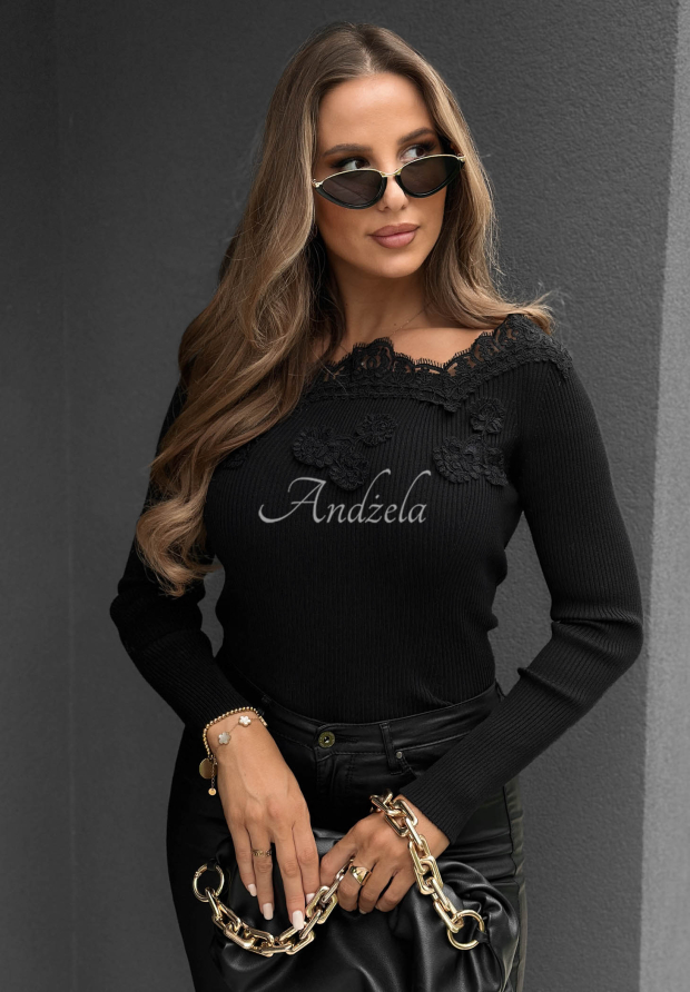 Gerippte Off-Shoulder-Bluse aus Viskose mit Stickereien Pure Grace Schwarz