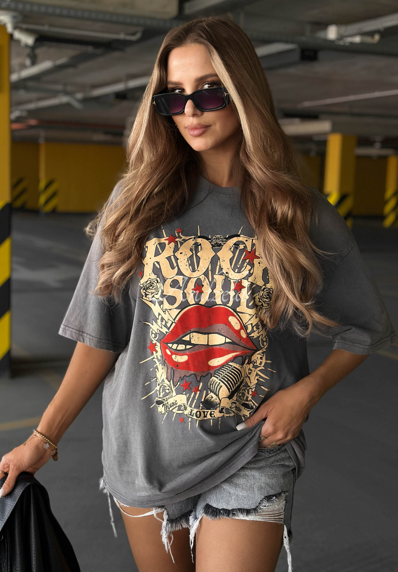 Oversize-T-Shirt aus Baumwolle mit Aufdruck Rock Soul Grau
