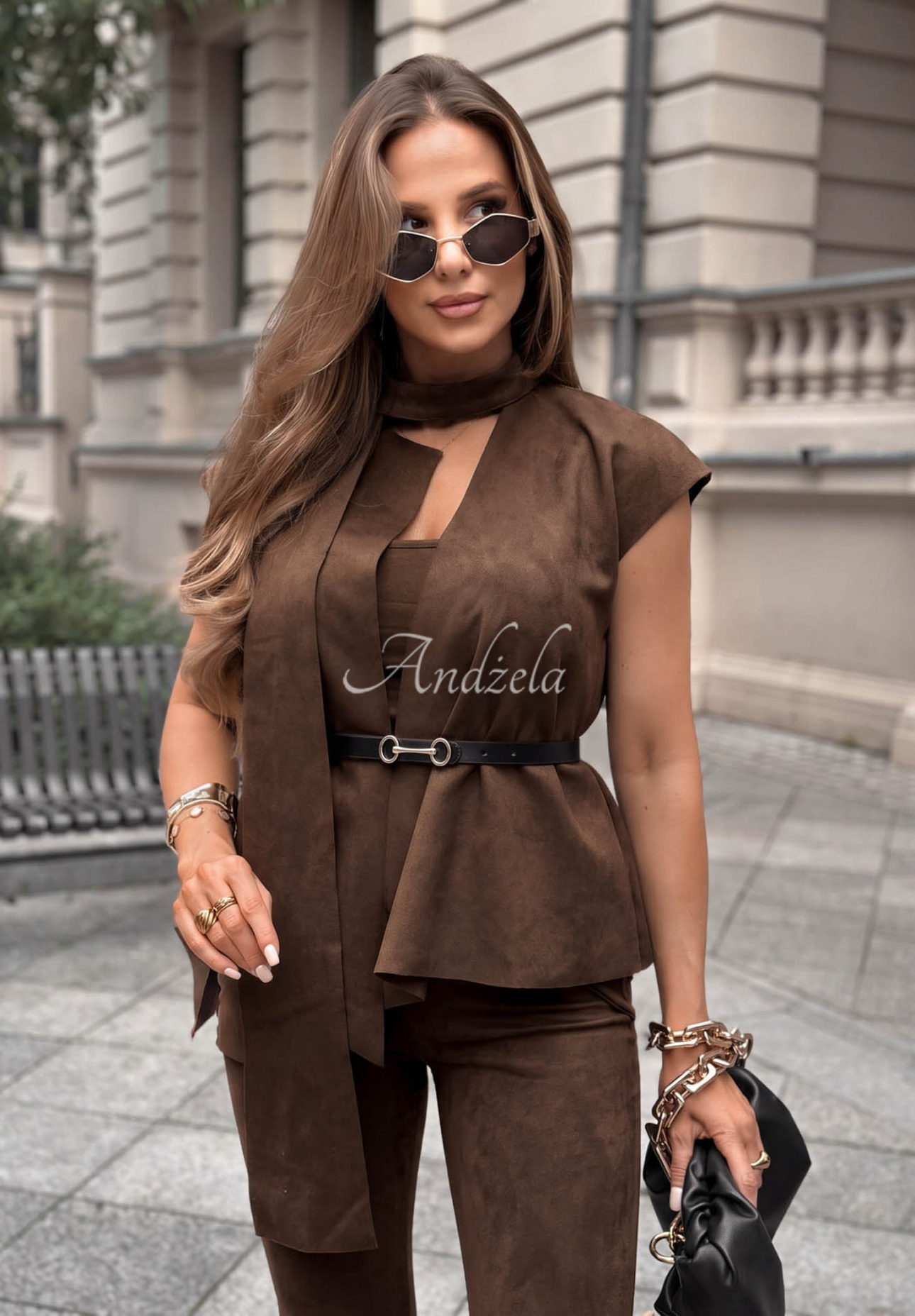 Elegantes Set aus Wildlederimitat Weste und Hose Autumn Atelier Schokoladenbraun