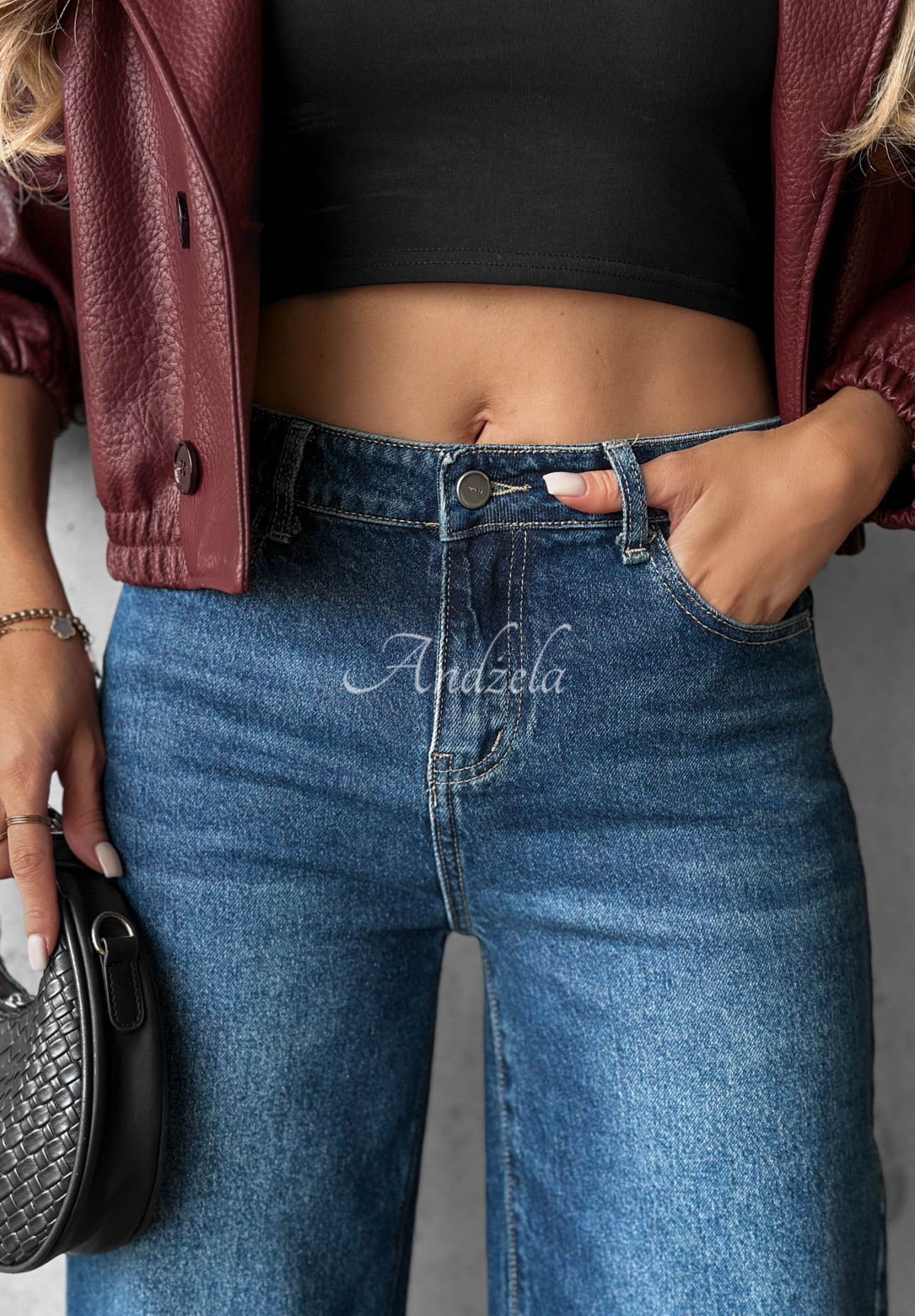 Jeanshose straight mit Strasssteinen im Used-Look Lunar Shine dunkelblau-Burgunderrot