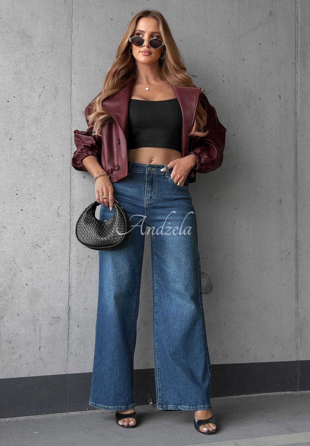 Jeanshose straight mit Strasssteinen im Used-Look Lunar Shine dunkelblau-Burgunderrot