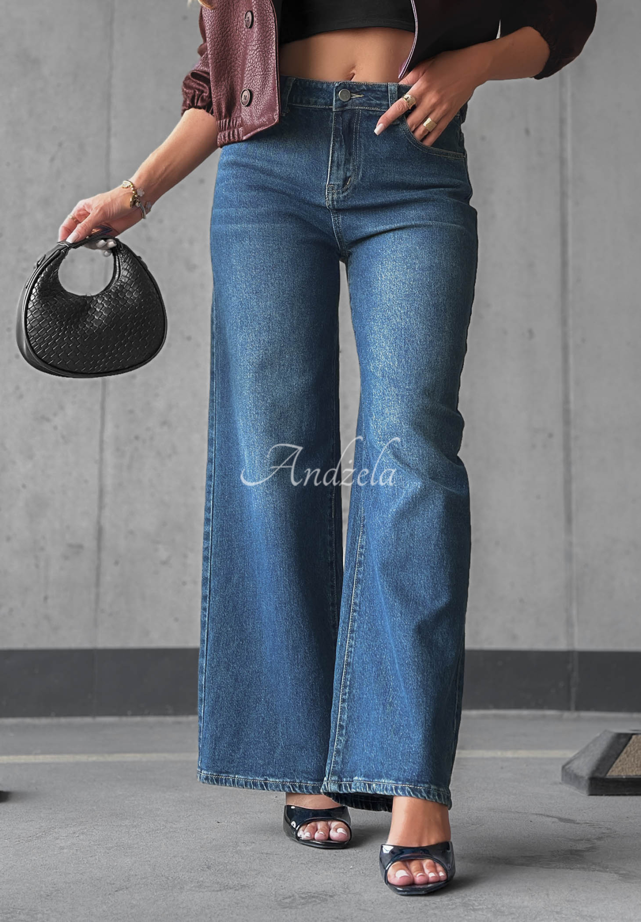 Jeanshose straight mit Strasssteinen im Used-Look Lunar Shine dunkelblau-Burgunderrot