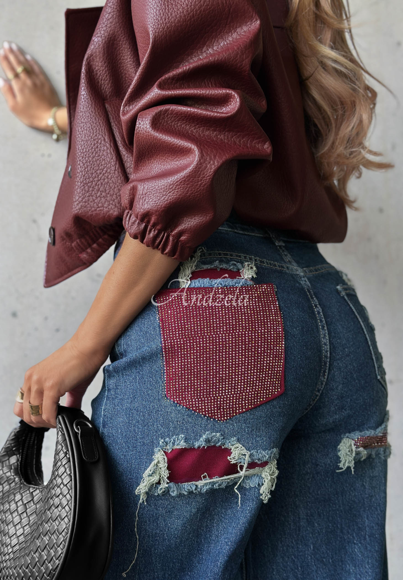 Jeanshose straight mit Strasssteinen im Used-Look Lunar Shine dunkelblau-Burgunderrot