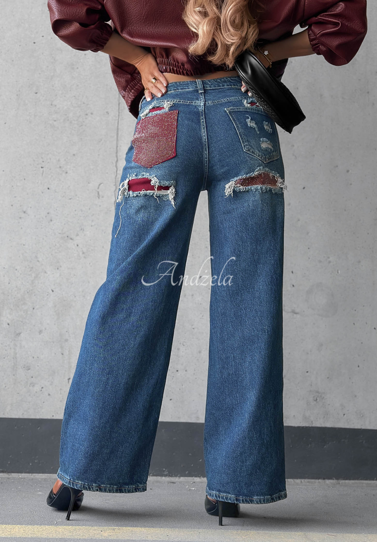 Jeanshose straight mit Strasssteinen im Used-Look Lunar Shine dunkelblau-Burgunderrot