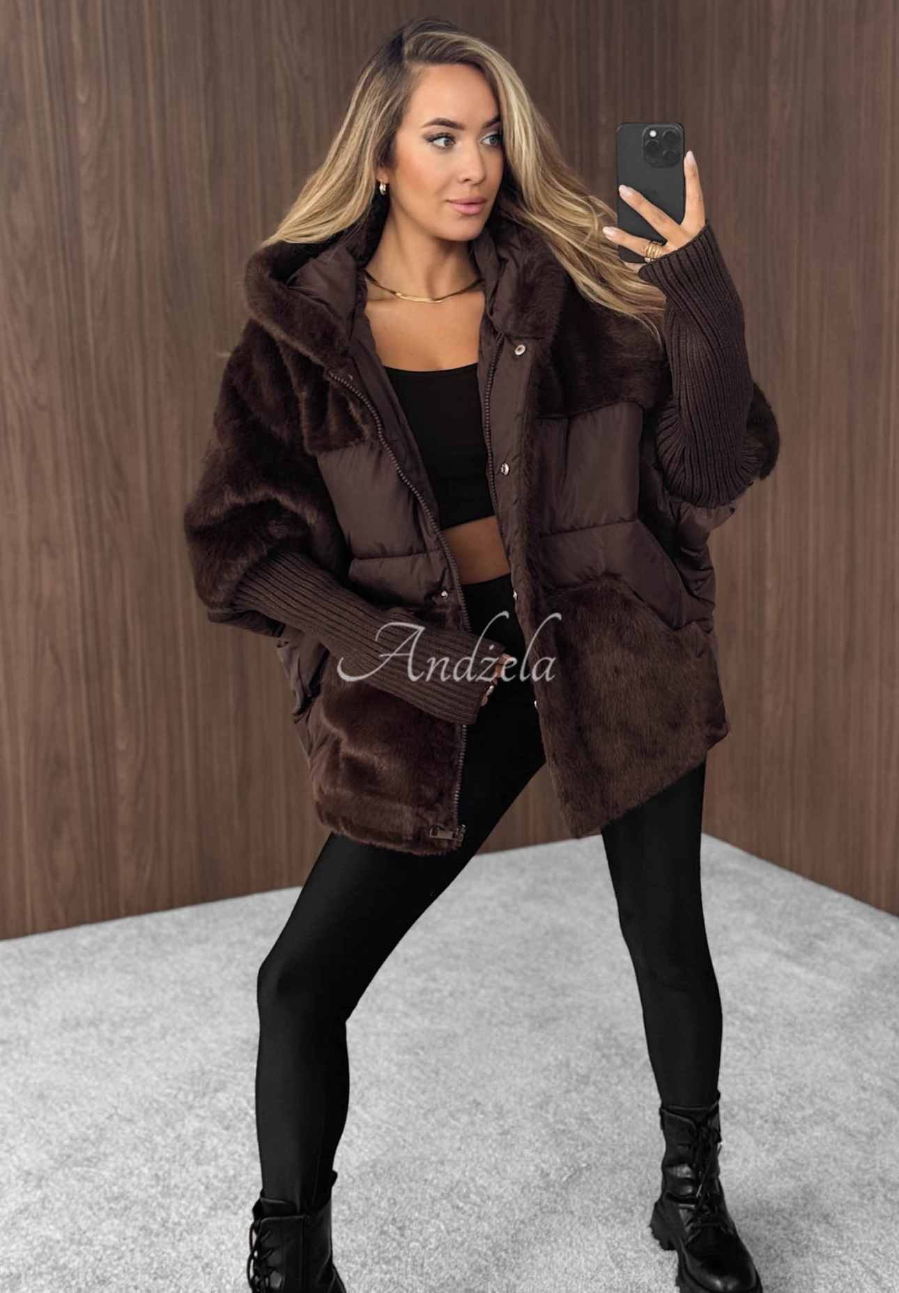 Gesteppte Jacke mit Fellimitat Snow &amp; Pines Schokoladenbraun