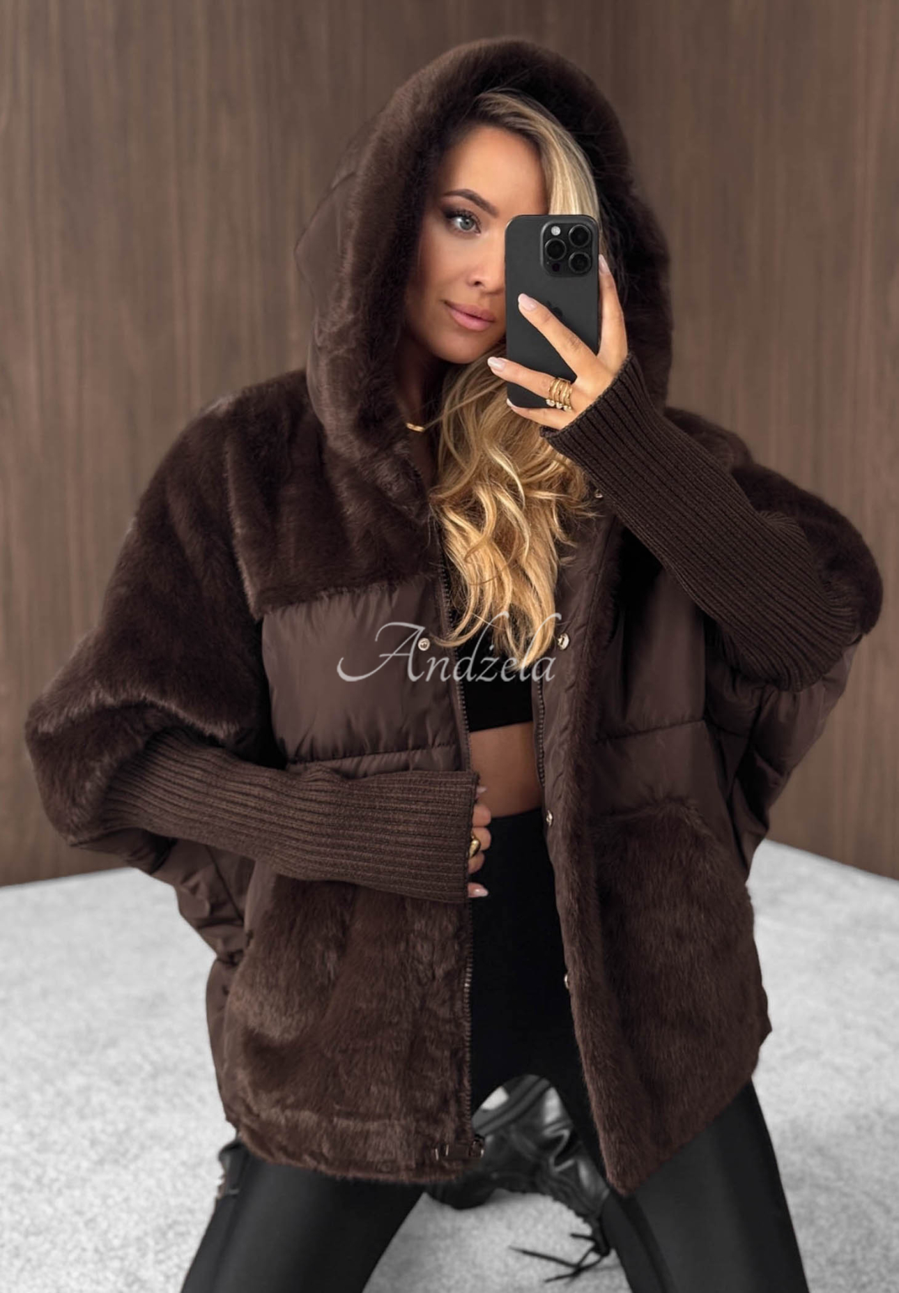 Gesteppte Jacke mit Fellimitat Snow &amp; Pines Schokoladenbraun