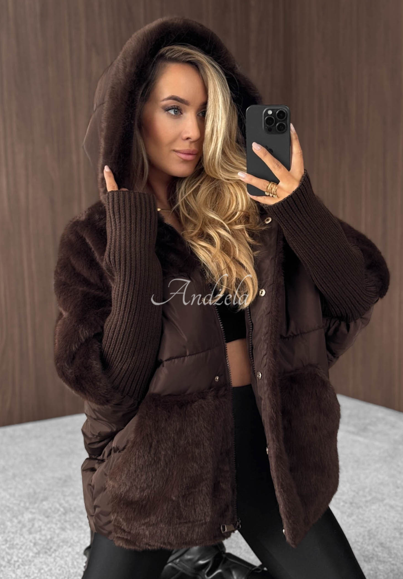 Gesteppte Jacke mit Fellimitat Snow &amp; Pines Schokoladenbraun