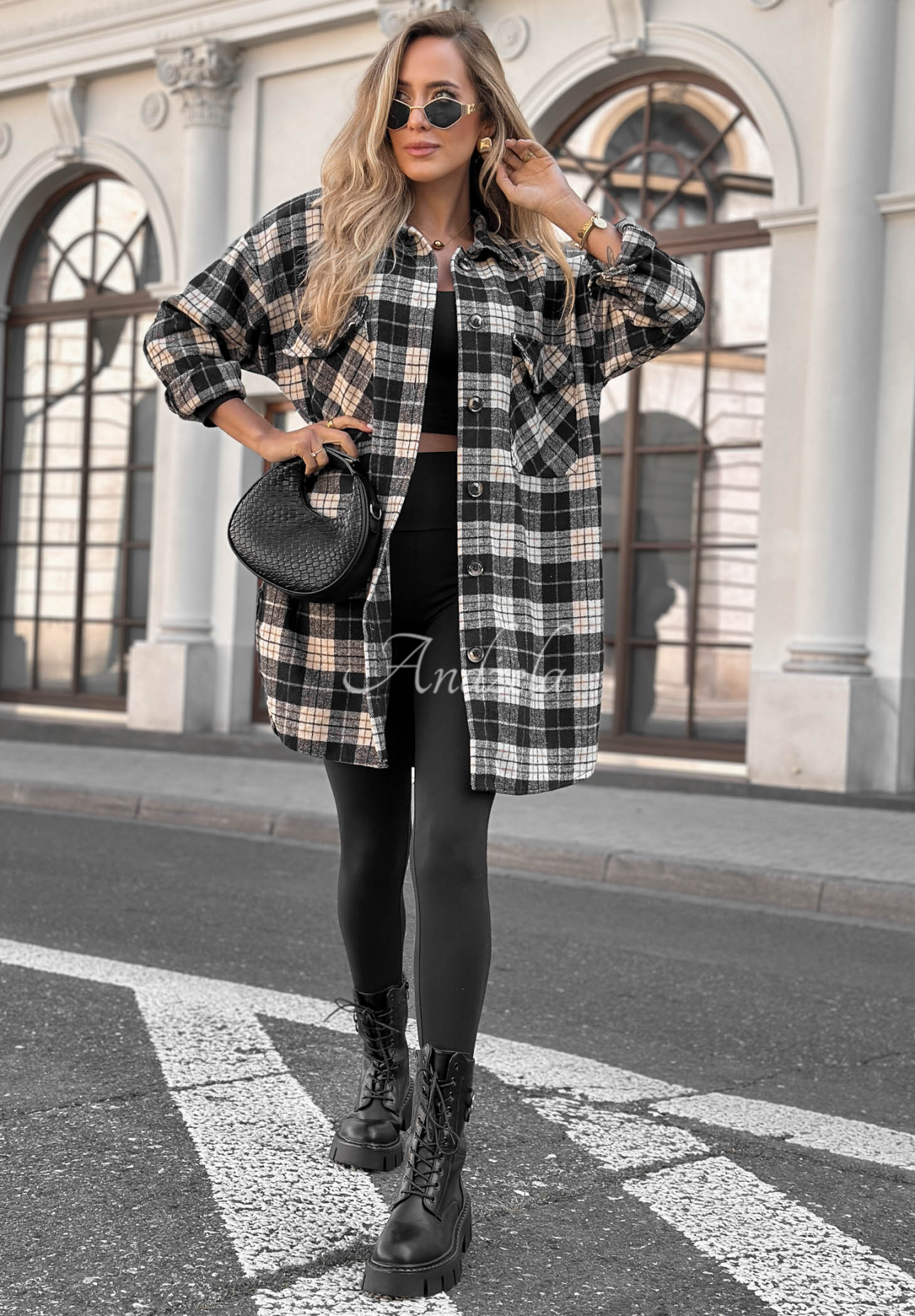 Oversize-Baumwollhemd mit kariertem Muster September Glow Schwarz