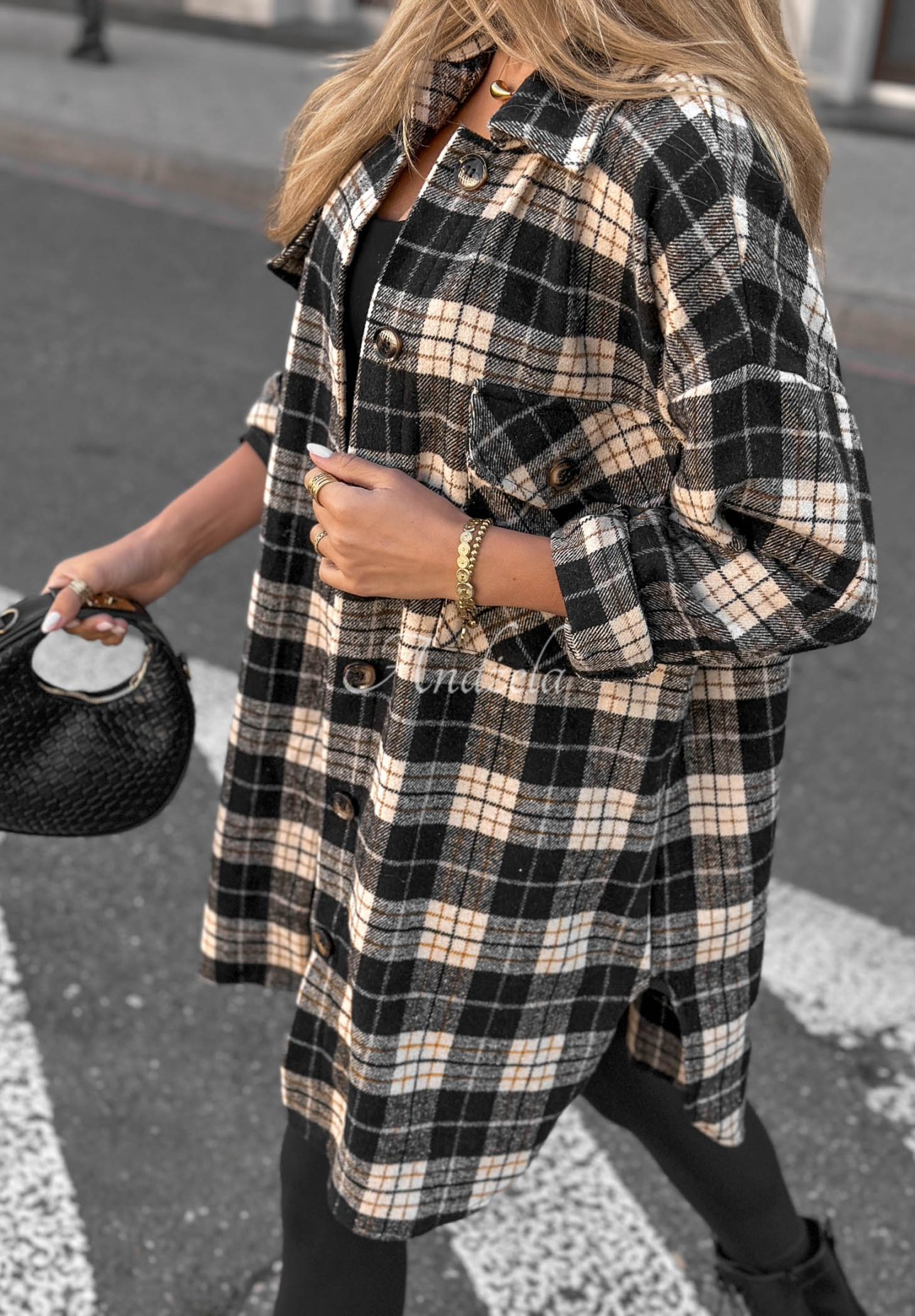 Oversize-Baumwollhemd mit kariertem Muster September Glow Schwarz