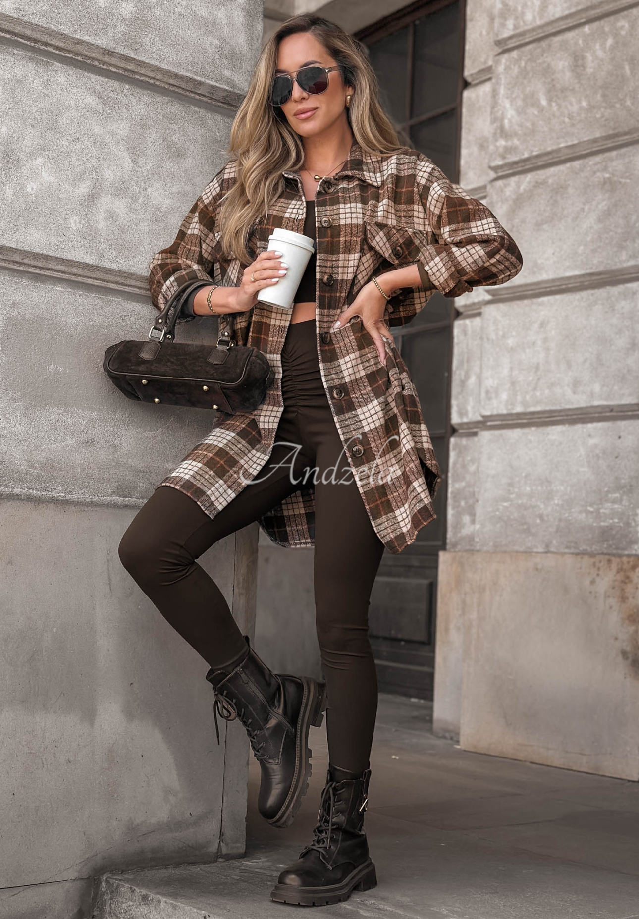 Oversize-Baumwollhemd mit kariertem Muster September Glow Schokoladenbraun