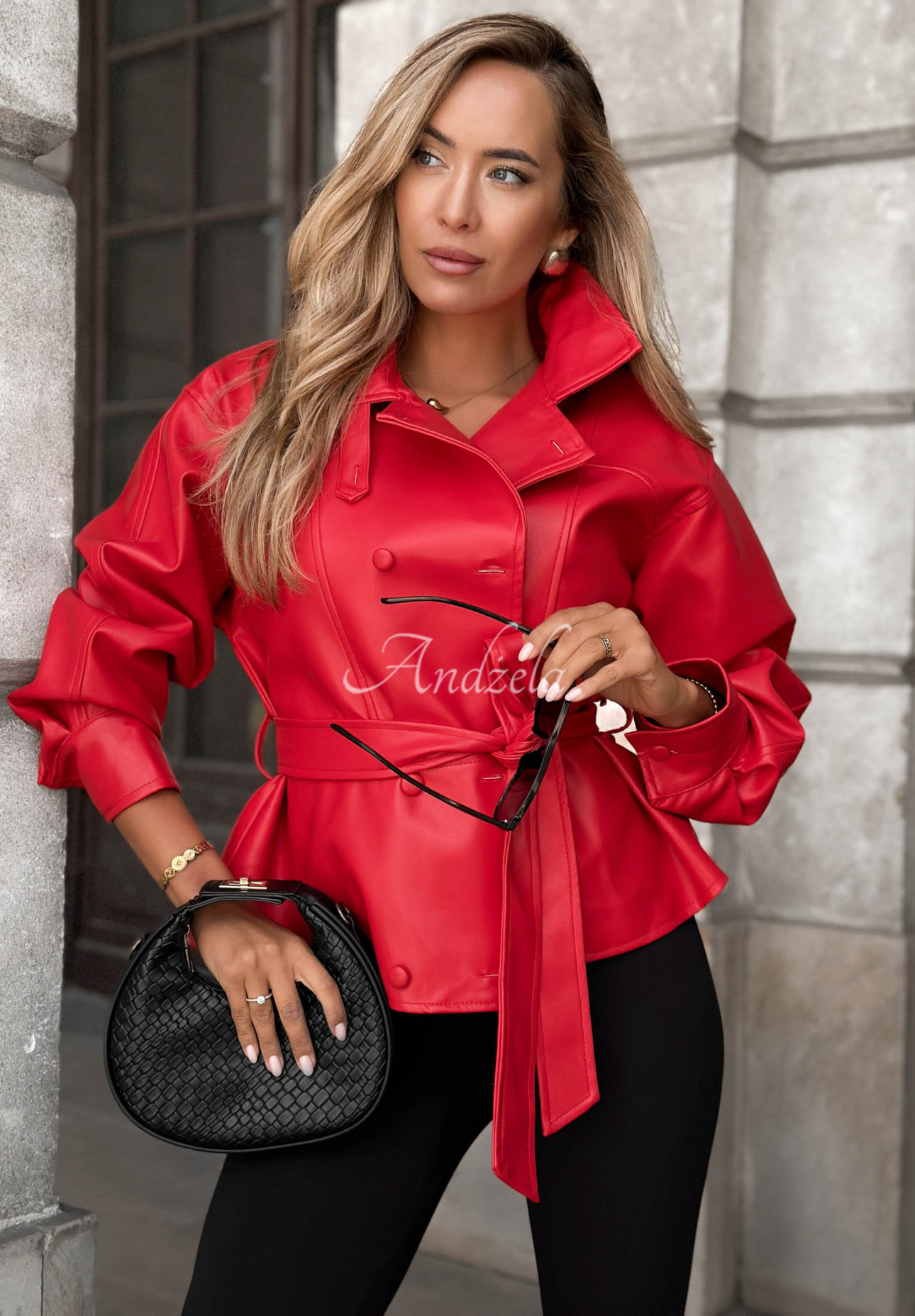 Kurzer Mantel aus Lederimitat mit Gürtel Lady Mist Rot