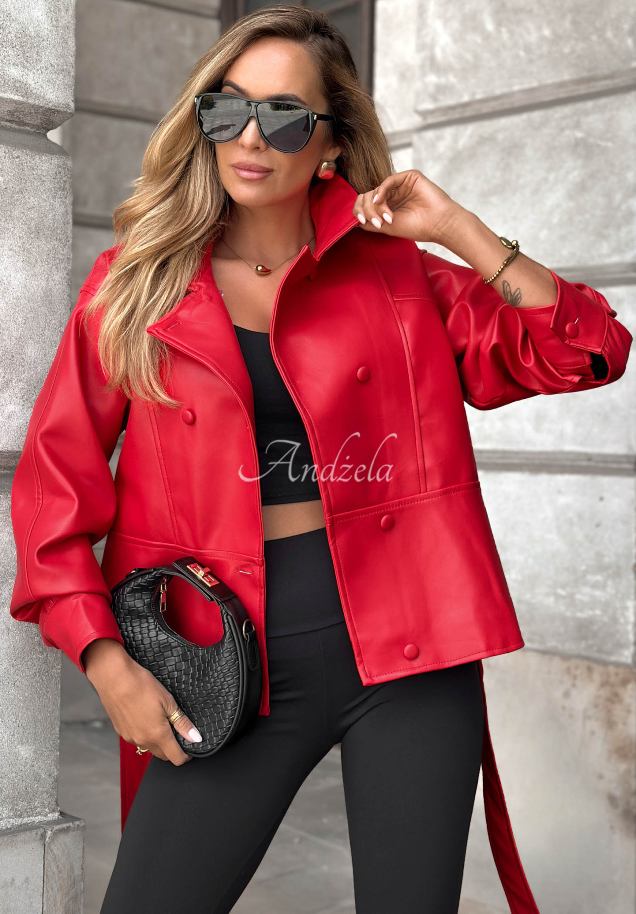 Kurzer Mantel aus Lederimitat mit Gürtel Lady Mist Rot