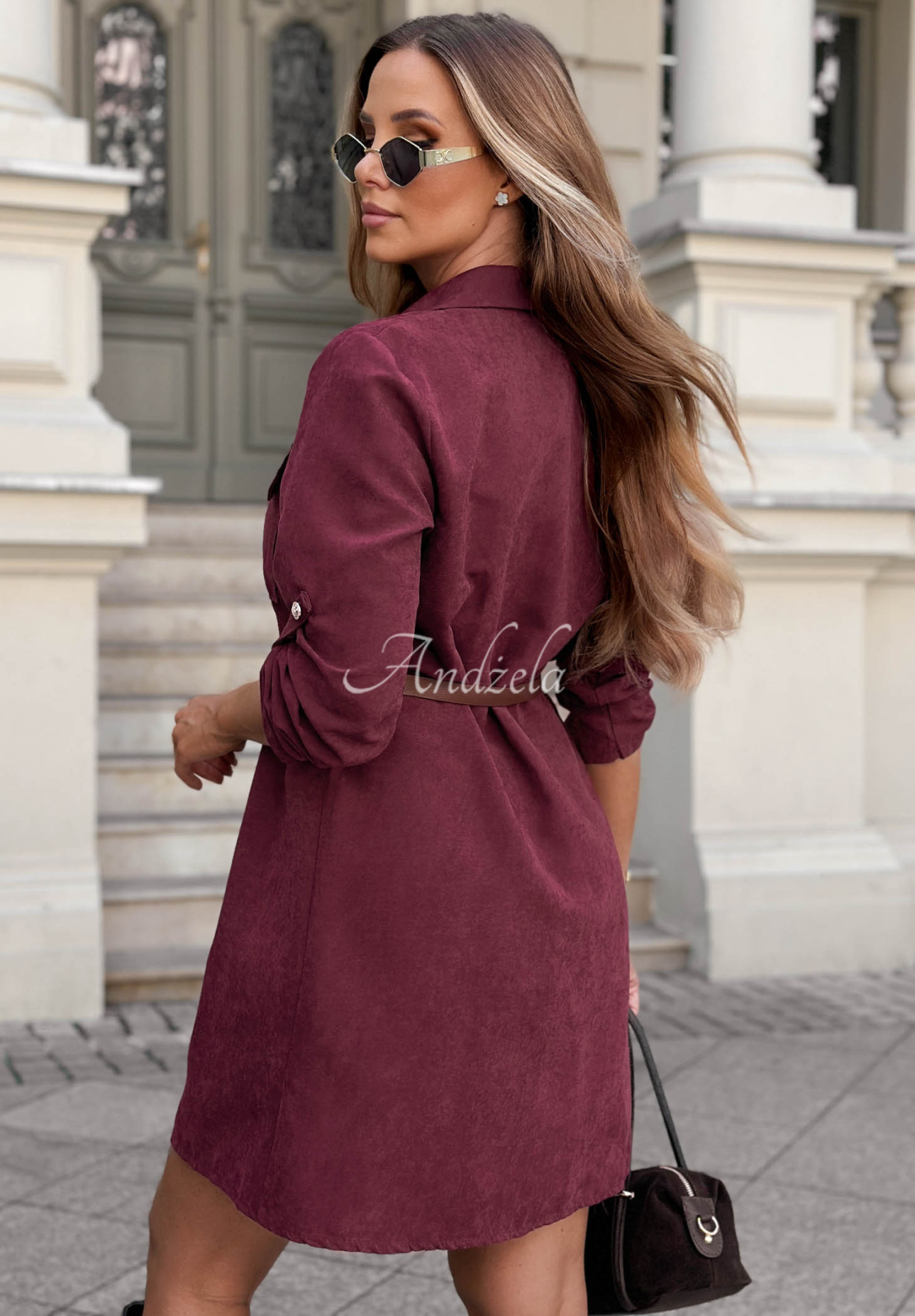 Hemdkleid mit Taschen und Gürtel Fall Edition Burgunderrot