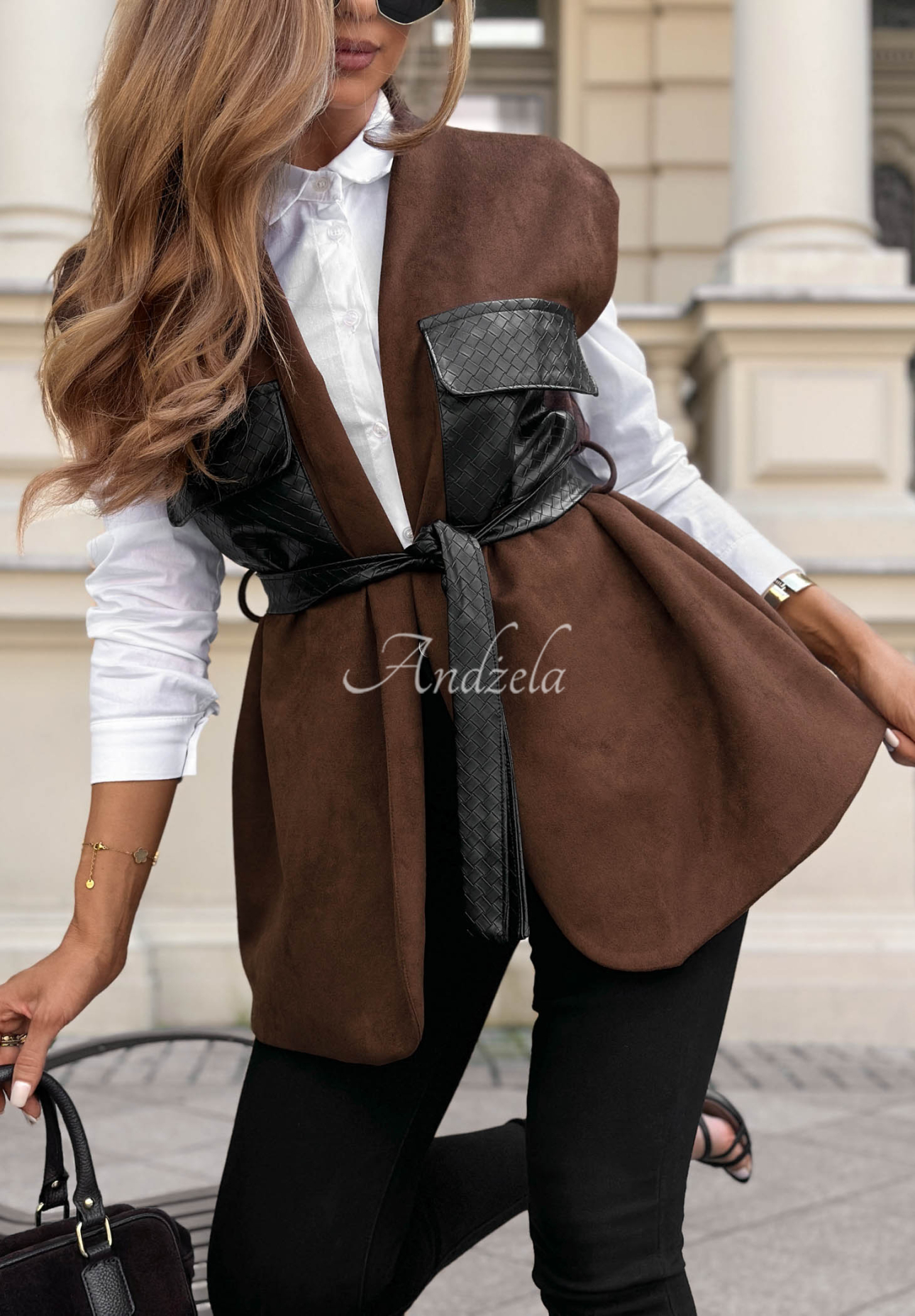 Weste aus Lederimitat mit Gürtel und Taschen Modern Muse Schokoladenbraun