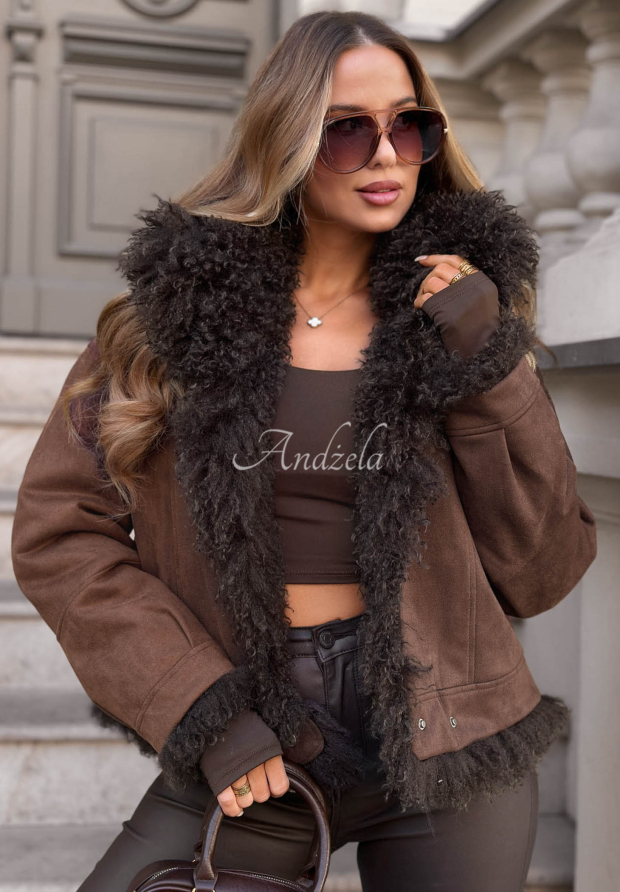 Wendbare Jacke aus Wildlederimitat mit Kunstfell Fluffy Charm Schokoladenbraun